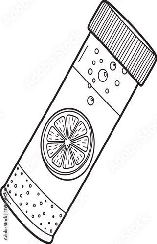 A black and white illustration of a refreshing drink with a slice of lemon