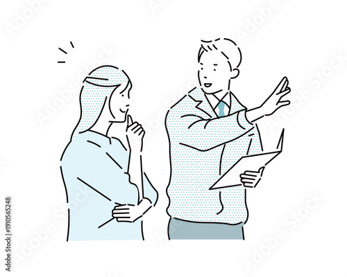 男性と女性ー作業服を着たビジネスマンが見積もりをお客に見せているイラストー営業ー契約ープランー投資