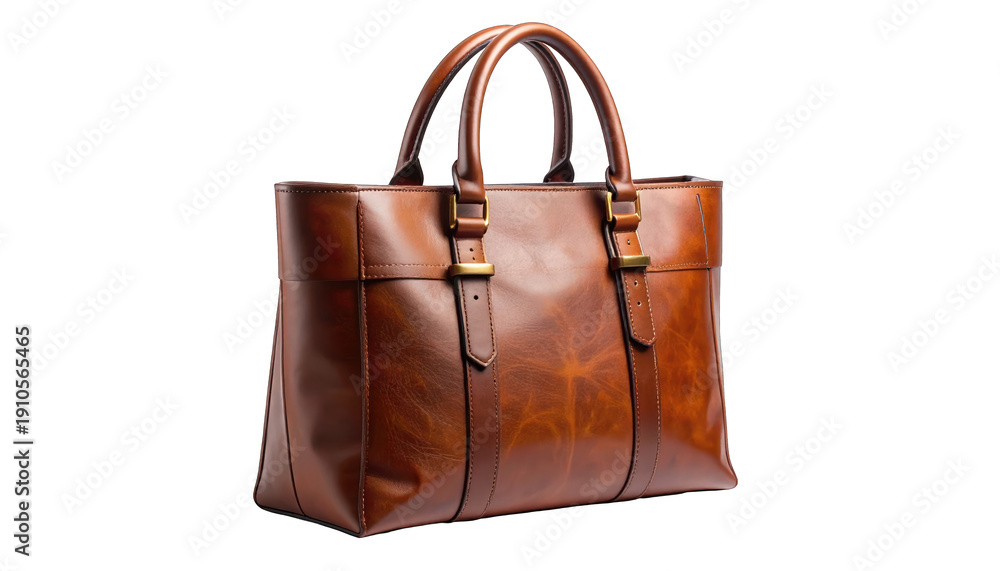 Naklejka premium Luxury brown leather handbag with gold accessories on a clean background