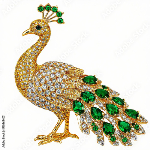 Elegant peacock brooch with green emeralds and sparkling diamonds in luxurious style for jewelry and fashion themes [with copy space]