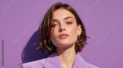Stylish woman in a purple blazer and gold hoop earrings. Female fashion model with a bob hairstyle posing in a studio. Monochromatic violet color theme