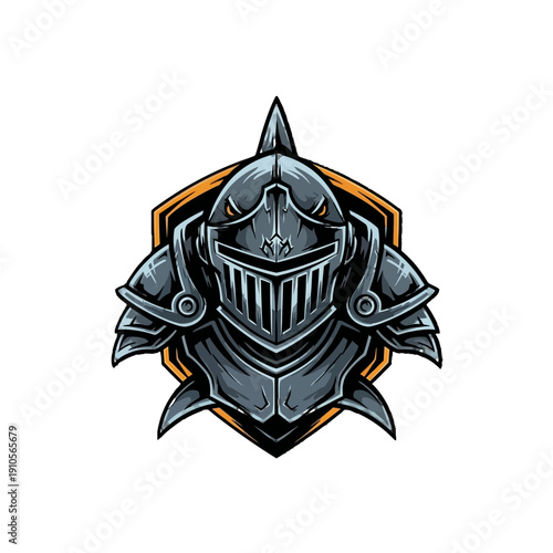 Medieval Knight Helmet Emblem on a Shield Design on Isolated White Background
