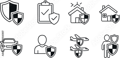 Six clean vector icons featuring shields and symbols for home, car, life, and travel insurance in a modern style Adobe Illustrator Artwork