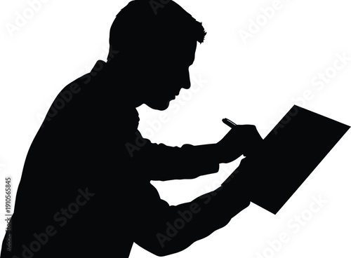 Man deeply focused on writing on paper with pen in hand intensely