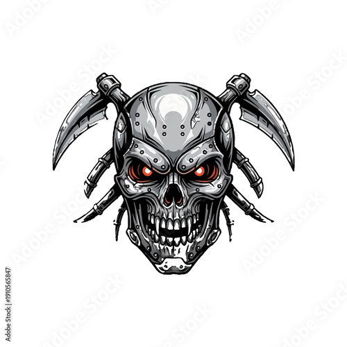 Menacing Robotic Skull with Scythe Blades and Glowing Red Eyes on Isolated White Background
