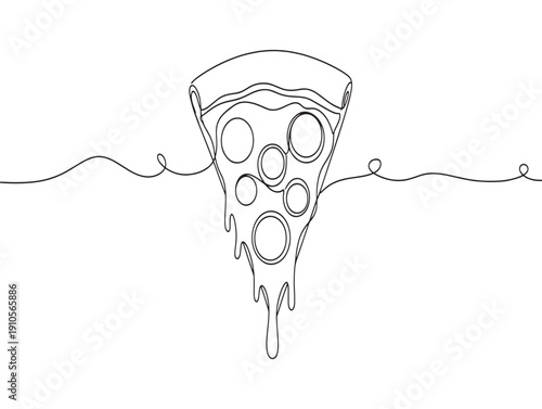A black and white line drawing of a slice of pizza with melted cheese