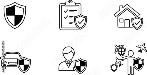 Six clean vector icons featuring shields and symbols for home, car, life, and travel insurance in a modern style Adobe Illustrator Artwork
