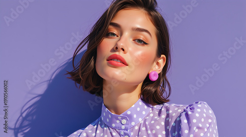 Portrait of woman in purple polka dot shirt and earrings. Fashion beauty model with dark hair against purple wall