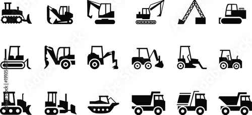 Minimal construction machinery silhouette icon set featuring excavator, bulldozer, crane, loader, and dump truck isolated on white background for industrial design projects