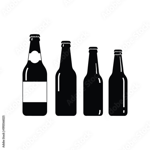 Four black beer bottles of different sizes on white background icon