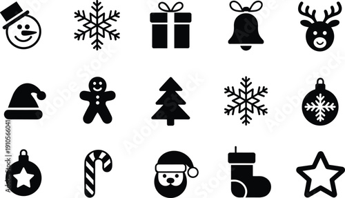 Minimal Christmas and winter holiday silhouette icon set featuring Santa, snowflake, gift, bell, reindeer, and ornaments isolated on white background for festive design projects