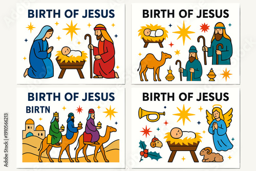 Nativity scene illustrations depicting the birth of Jesus with Mary, Joseph, and wise men