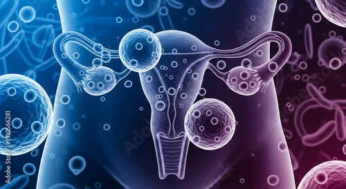 A detailed 3D illustration of the female reproductive system with surrounding cells and structures.