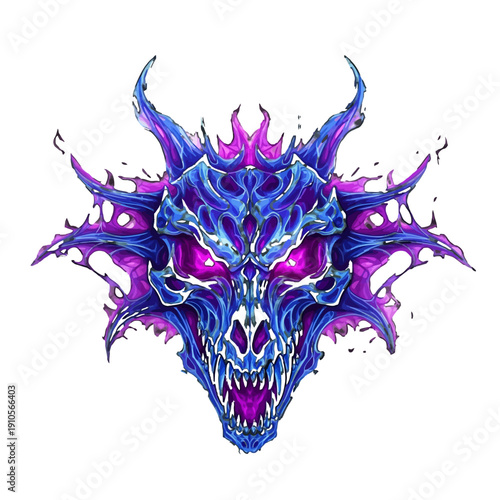 Terrifying Aggressive Dragon Skull with Purple and Blue Fiery Aura, isolated white background