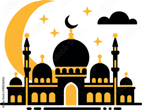 Colorful Islamic Mosque with Crescent Moon Vector Illustration Religious Architecture Clipart