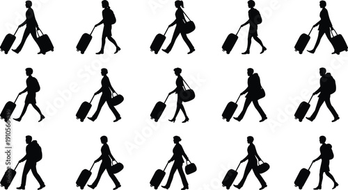 Travelers walking with rolling suitcase silhouette set, business men and women carrying luggage bags, airport passenger travel and tourism vector illustration