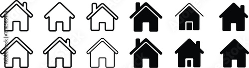 Minimal home house icon set showing outline and solid styles isolated on white background for real estate, property, app, and web interface design projects
