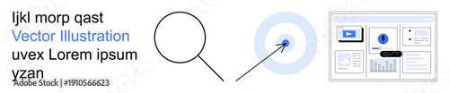 Digital marketing, data analysis, performance tracking, user targeting, business monitoring, web optimization. A focus target magnified and linked to an analytics dashboard. Digital marketing