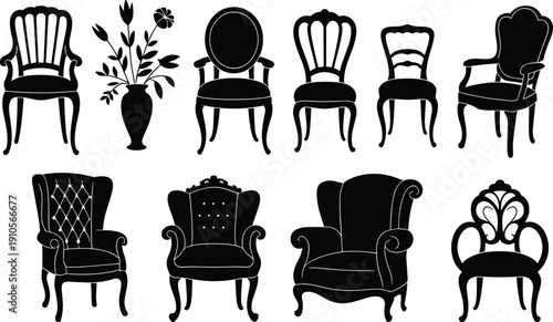 Elegant vintage chair collection with classic armchairs, ornate seating designs and decorative floral vase, black silhouette vector illustration isolated on white background