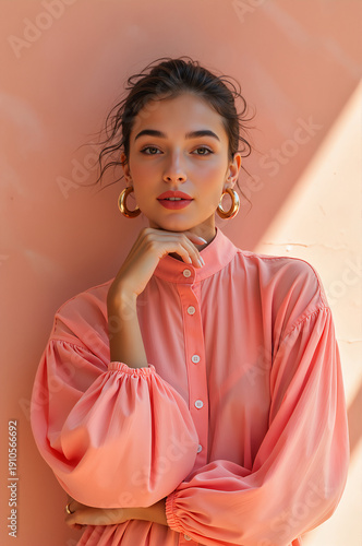 Young woman in a peach blouse with gold hoop earrings. Vertical portrait of a brunette model with spring beauty style