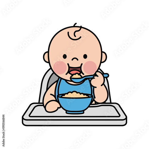 Happy cartoon baby eating cereal from a bowl with a spoon.