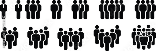 Minimal people group silhouette icon set showing crowd, team, and community symbols isolated on white background for business, social, and infographic design projects