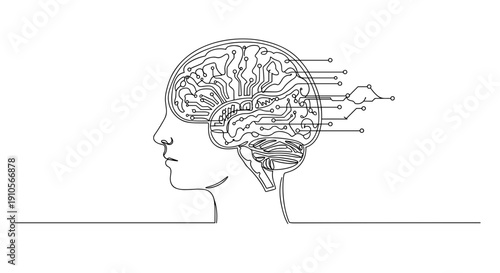 Line drawing of a profile of a human head with a brain and lines representing thought on a transparent background