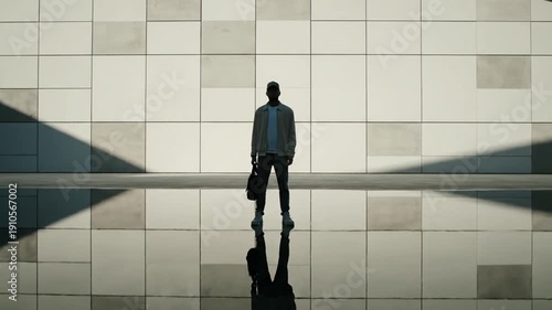 Man looks at wall reflection.