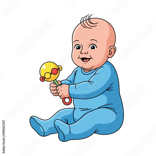 Happy cartoon baby boy sitting and playing with a rattle toy.