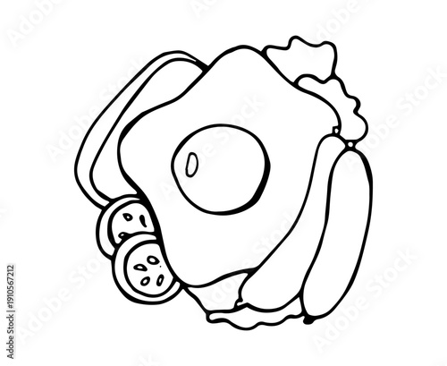 Hand Drawn Breakfast with Omelet Sausages Tomatoes and Bread Line Art Illustration