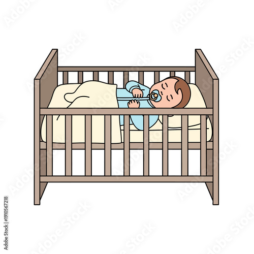 A baby lying in a wooden crib with a pacifier in mouth.