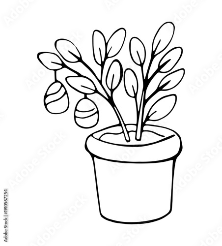 Hand Drawn Potted Plant with Easter Eggs Minimal Line Art Illustration