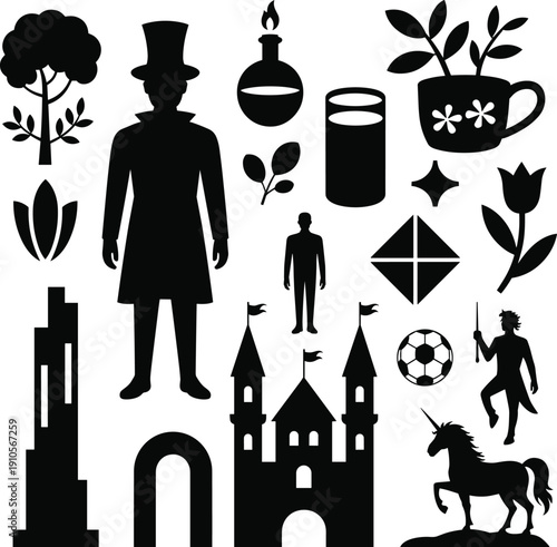 Fantasy and fairy tale silhouette vector set, magical icons including castle, unicorn, king, potion, plants and symbols isolated on white background