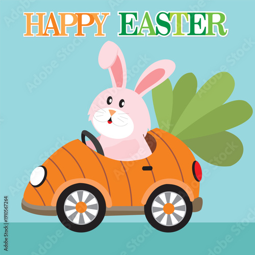 Happy Easter Bunny Driving Carrot Car