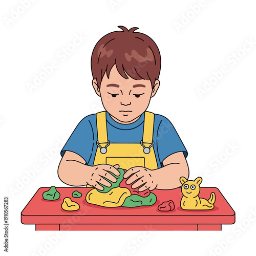 Young boy engaged in creative play with colorful modeling clay.