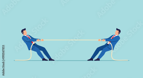 Two businessmen in blue suits pulling rope in tug of war, competition, conflict, business challenge vector illustration