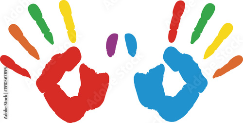 Hand rainbow print isolated on white background. Color child handprint. Creative paint hands prints. Happy childhood design. Artistic kids stamp, bright human fingers and palm. Vector illustration
