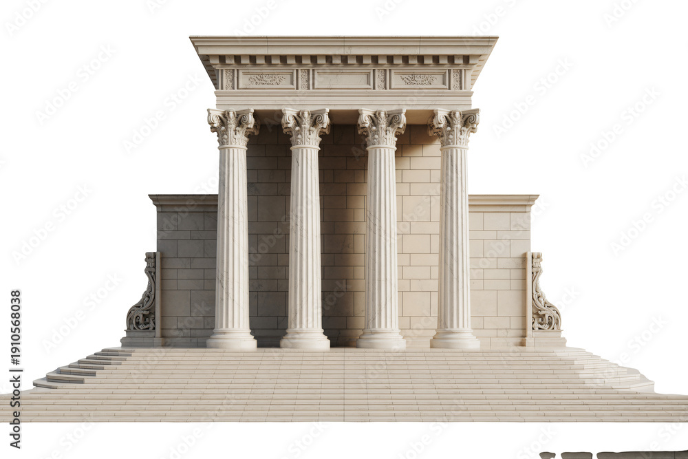 Fototapeta premium Ancient Greek temple with four columns in classical style with soft natural lighting on white background for architectural visualization