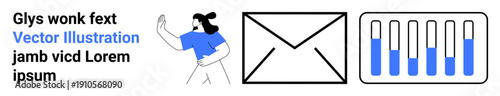 Woman in motion, abstract envelope design, and segmented bar graph. Ideal for communication, progress tracking, mailing services, analytics, marketing visuals, statistics simple landing page