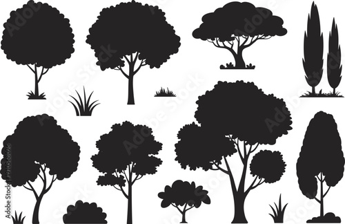 Tree and bush silhouette set, forest nature plants collection with grass and shrubs, botanical landscape elements isolated on white background illustration