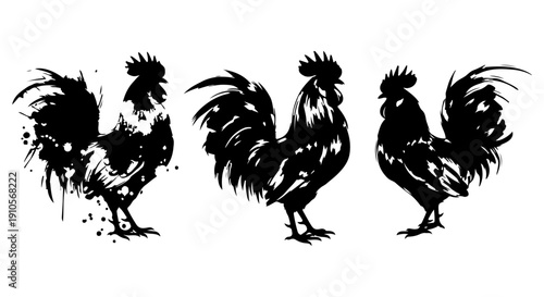Dynamic black brush stroke rooster silhouettes set. Artistic grunge ink splatter cock illustration for farm, poultry, or strong design concepts. Creative vector art