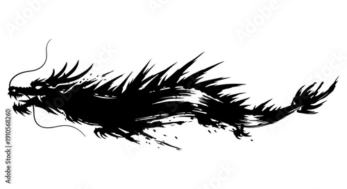Dynamic black ink abstract dragon illustration rendered in a powerful brush stroke style, perfect as a scalable graphic element for diverse designs