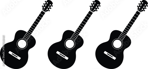 Set of black acoustic guitar silhouettes vector icons isolated on white background for music branding, logo design, posters, and creative projects