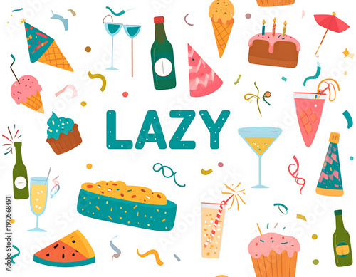Wallpaper Mural Party doodles with treats & drinks surrounding "LAZY" text Torontodigital.ca