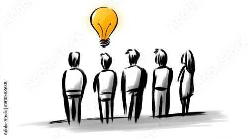 People up under light bulb individuals form a beneath an illuminated light bulb suggesting ideas or illumination
