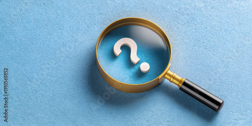 Magnifying glass enlarges question mark on blue background