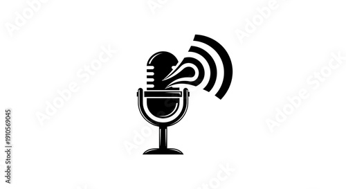 Black Microphone with Sound Waves Emitting.