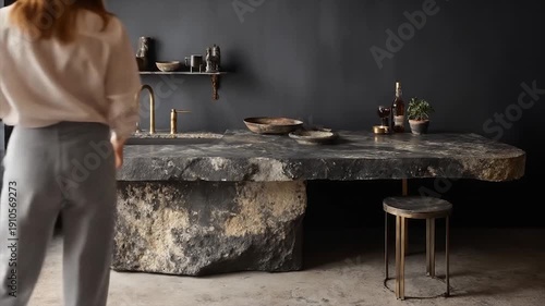 Unique kitchen interior featuring stone island and golden tap