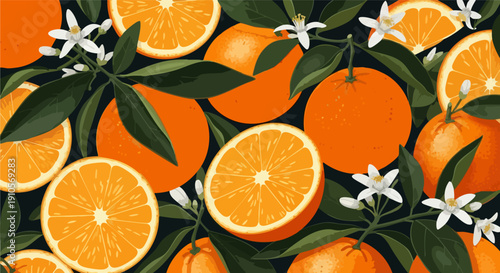 Vector orange fruit pattern with green leaves and white blossoms on dark background, citrus illustration