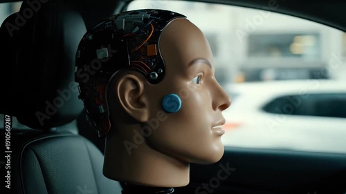 Realistic android head with exposed internal mechanics sits as a passenger inside a vehicle